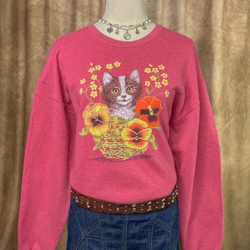Vintage Cat Sweatshirt 90s Basket Floral Fall Foliage Red Cottagecore Cabincore